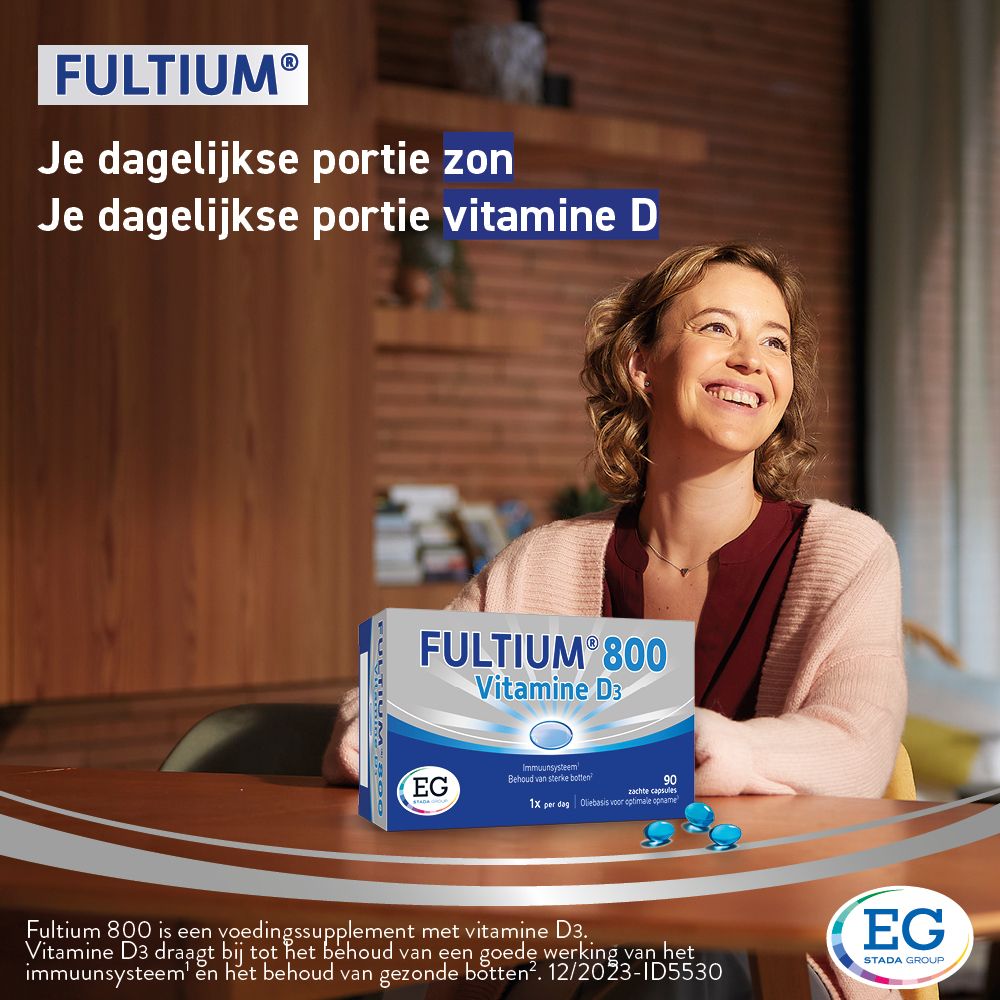 Verpakking van Fultium® 800, Vitamine D3. Blauw en witte verpakking. 90 capsules.