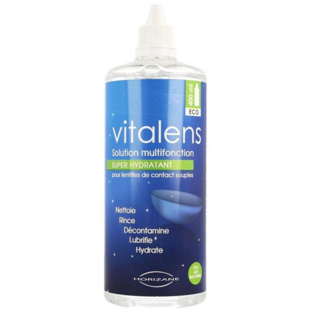Solution multifonction Vitalens pour lentilles souples. Flacon avec bouchon blanc et étiquette bleu et blanc. Contient 400 ml.