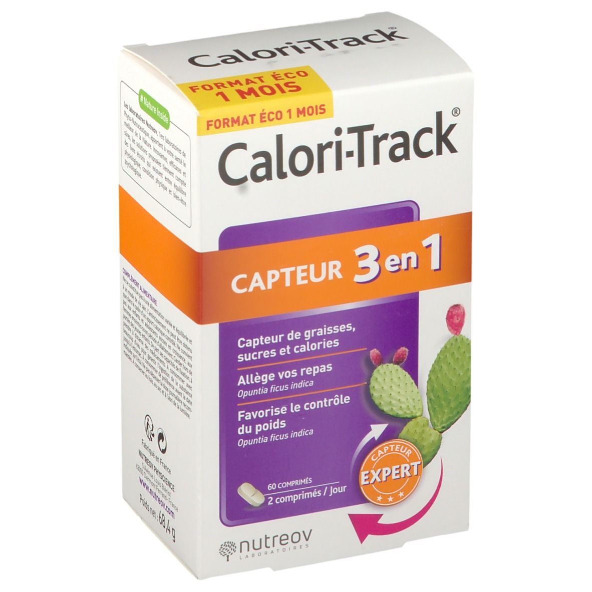 Boîte de Calori-Track 3 en 1. Contient 60 comprimés. Illustration de cactus et nom du produit.