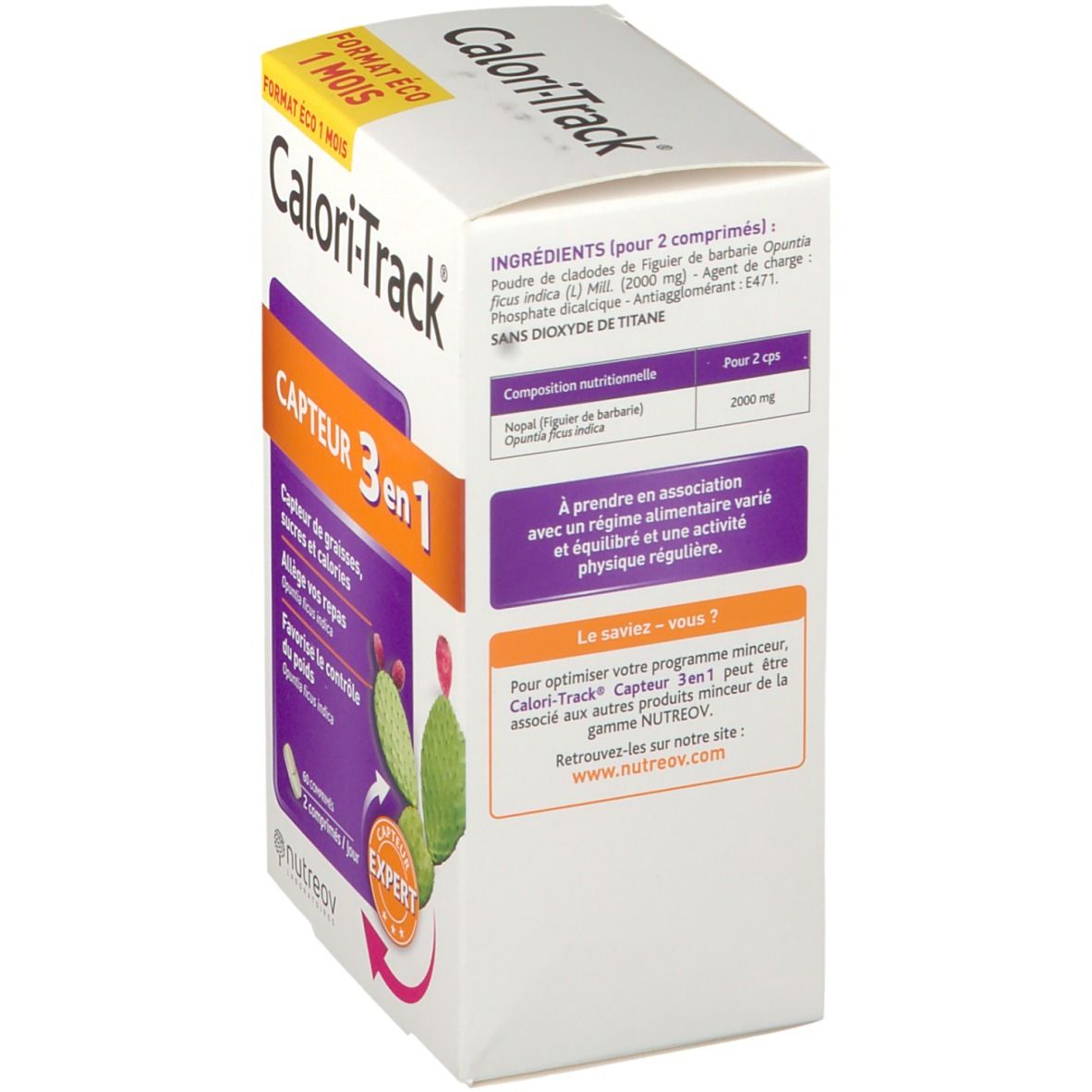 Boîte Calori-Track 3 en 1, dos avec ingrédients et dosage. Nom et logo du produit.