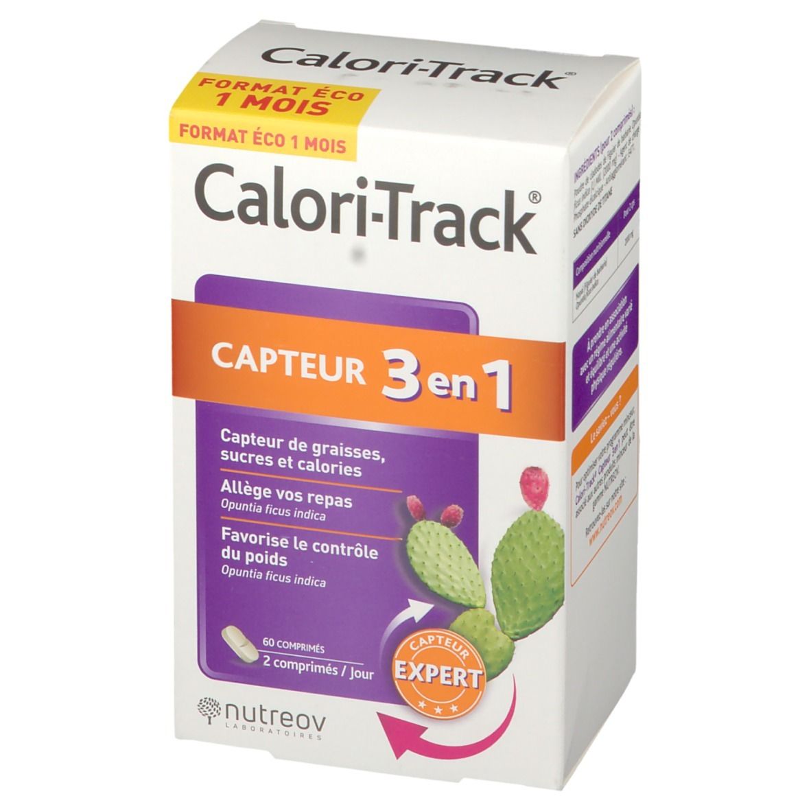 Boîte Calori-Track 3 en 1. Vue de face avec nom, ingrédients et logo.