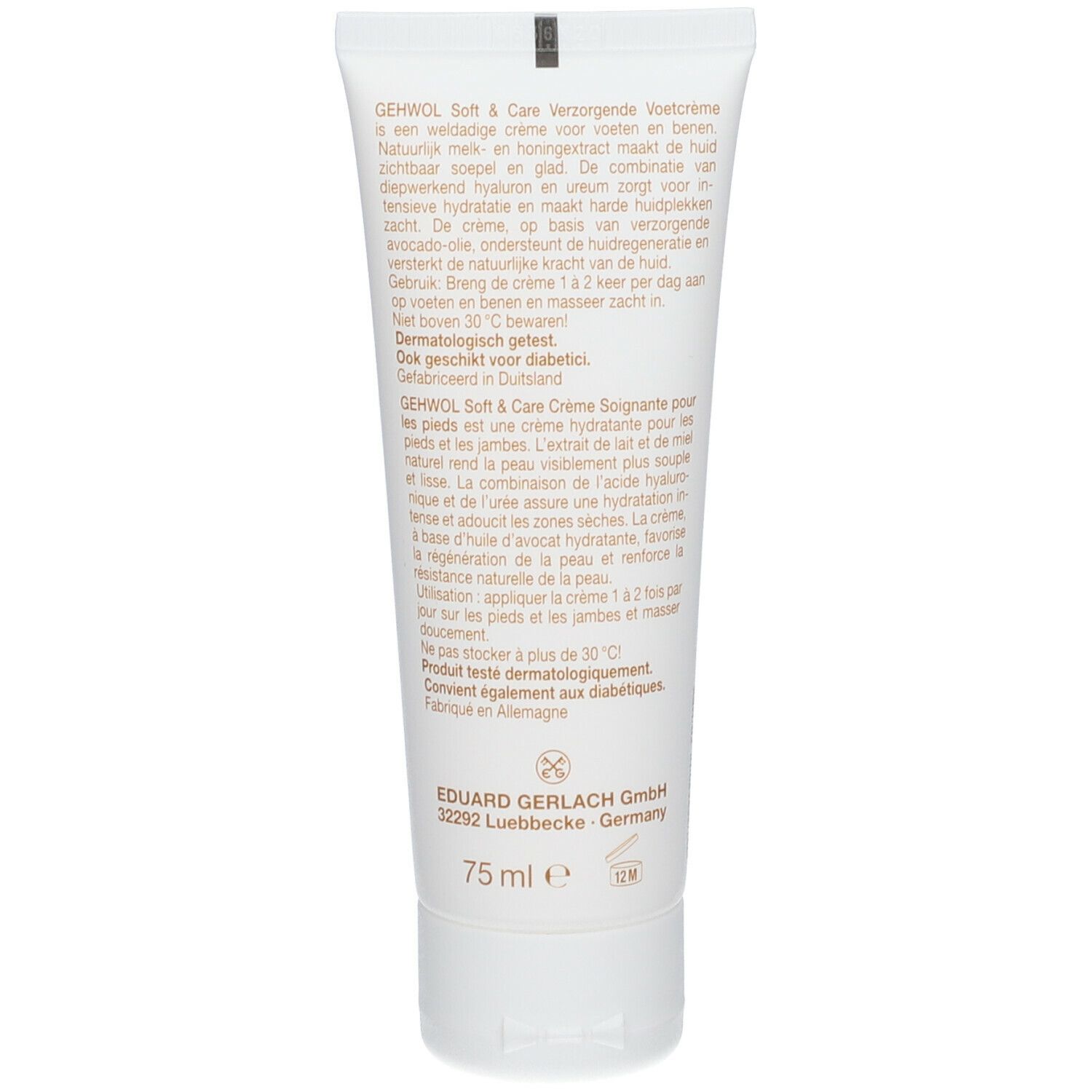 Rückseite der Tube GEHWOL Soft & Care. Text in Deutsch, Inhaltsstoffe, Anwendungshinweise, 75 ml.