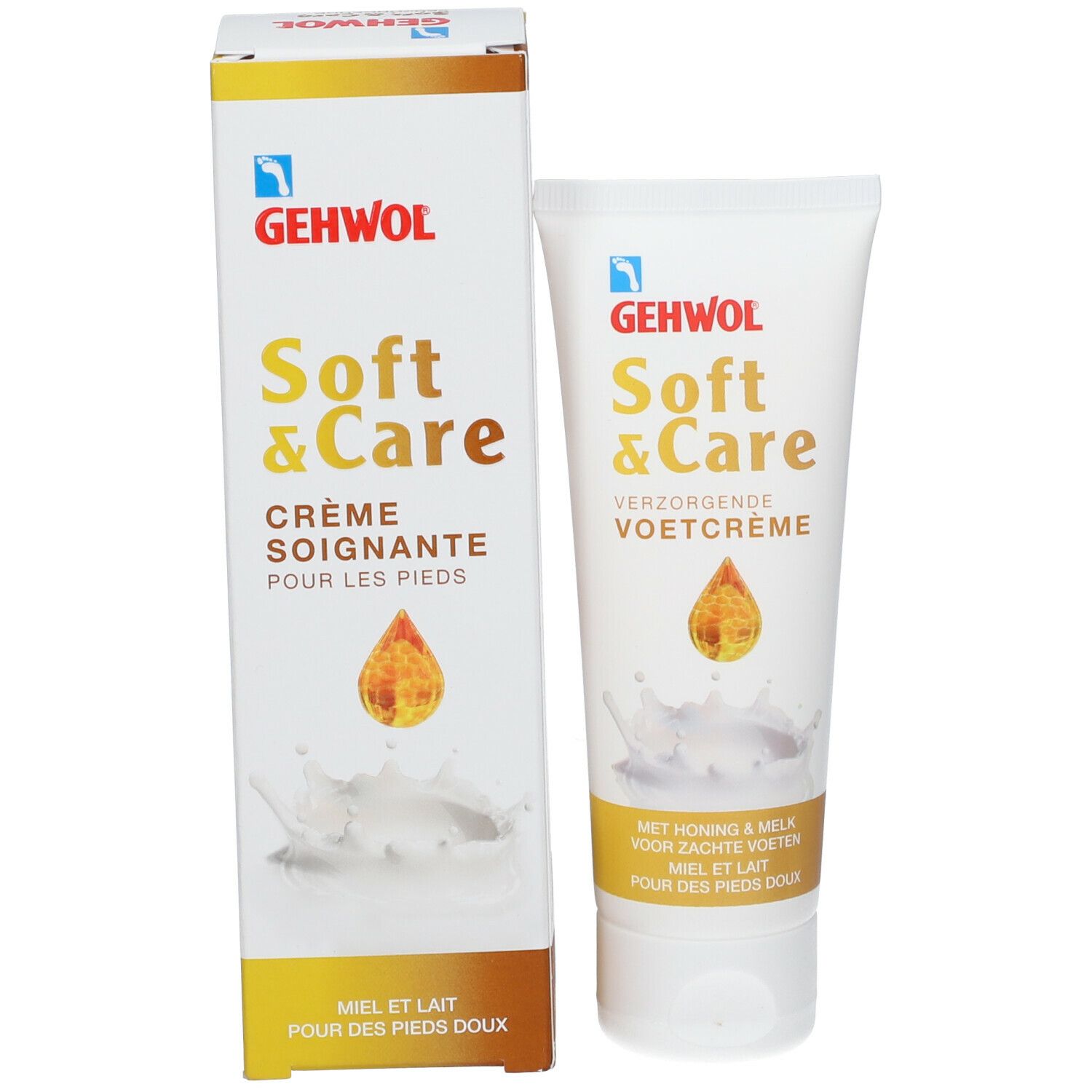 GEHWOL Soft & Care Creme und Verpackung. Text: 'Crème Soignante pour les pieds'. Honig- und Milch-Illustration.