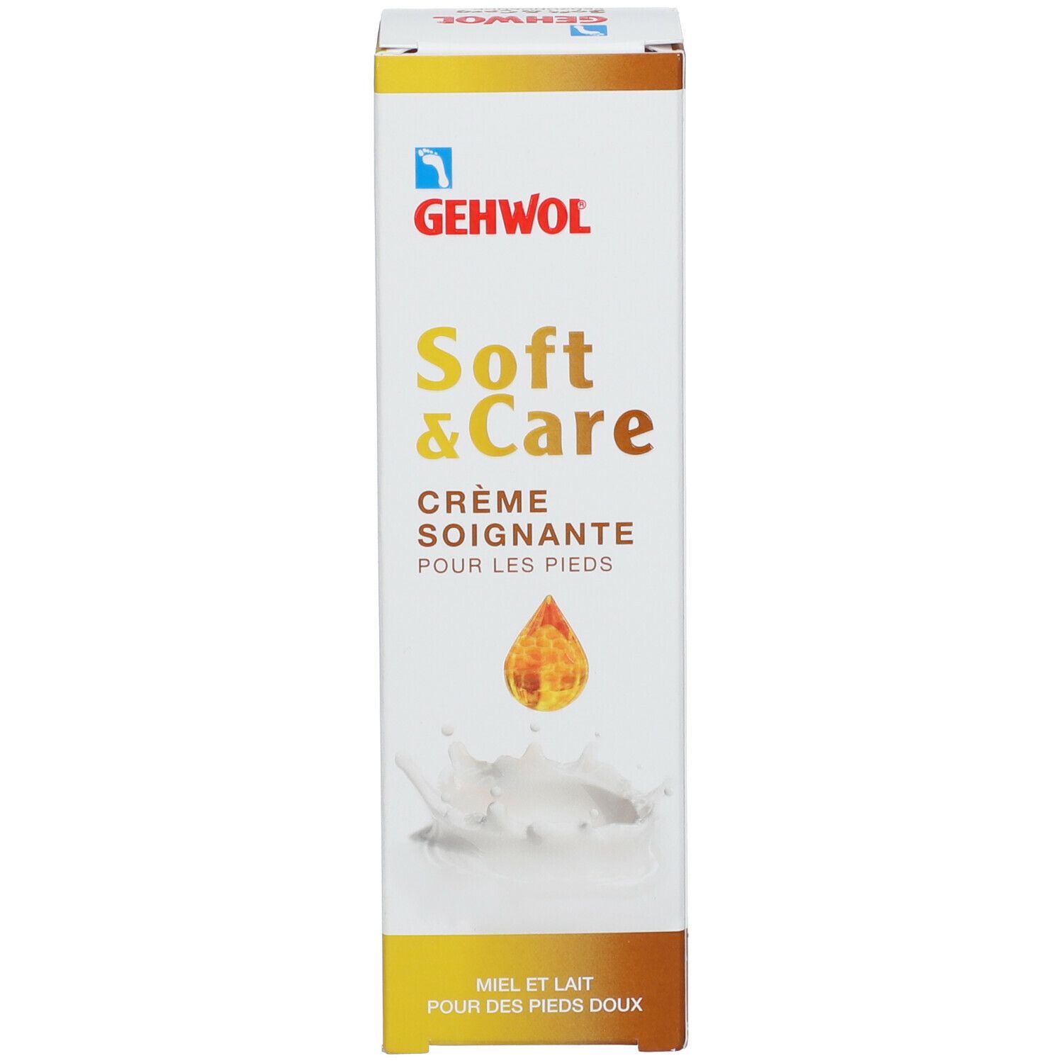 Verpackung GEHWOL Soft & Care. Text: 'Crème Soignante pour les pieds'. Honig- und Milch-Illustration.