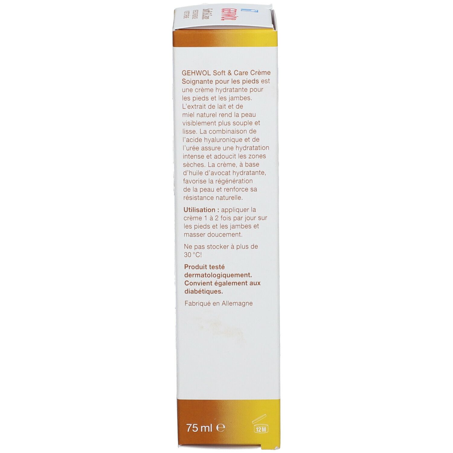 Rückseite der Verpackung GEHWOL Soft & Care. Text in Französisch, Inhaltsstoffe, Anwendungshinweise, 75 ml.