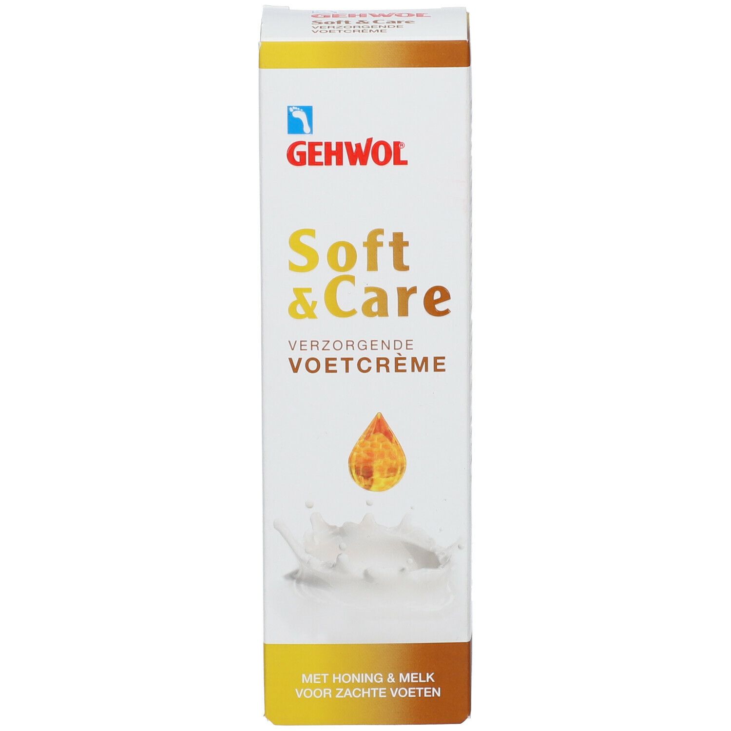 Verpackung GEHWOL Soft & Care. Text: 'Verzorgende voetcrème'. Honig- und Milch-Illustration.