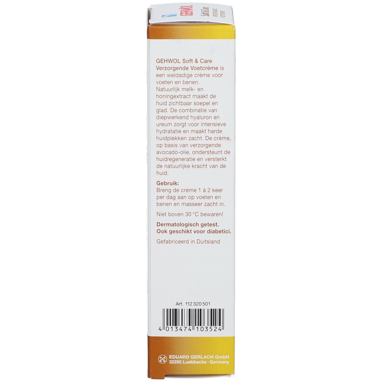 Rückseite der Verpackung GEHWOL Soft & Care. Text in Niederländisch, Inhaltsstoffe, Anwendungshinweise, 75 ml.