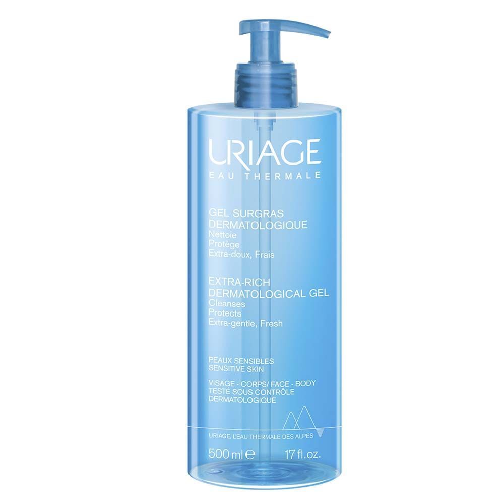 Femme avec gel sur l'épaule. Texte: Gel frais moussant, Visage & Corps.