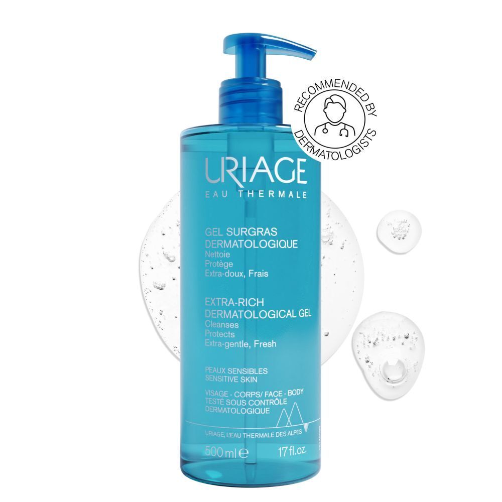 Blauwe fles met pomp. Uriage Gel Surgras Dermatologische Flüssigkeit. 500ml.