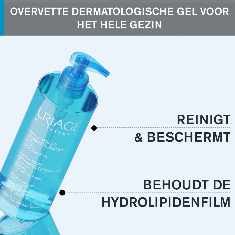 Achterkant van de fles. Meertalige tekst. Uriage Gel Surgras Dermatologische Flüssigkeit.