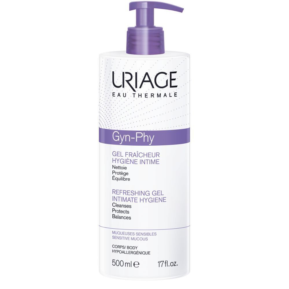 Flacon Uriage GYN-PHY avec pompe. Inscription: Gyn-Phy, gel fraîcheur hygiène intime. 500ml.