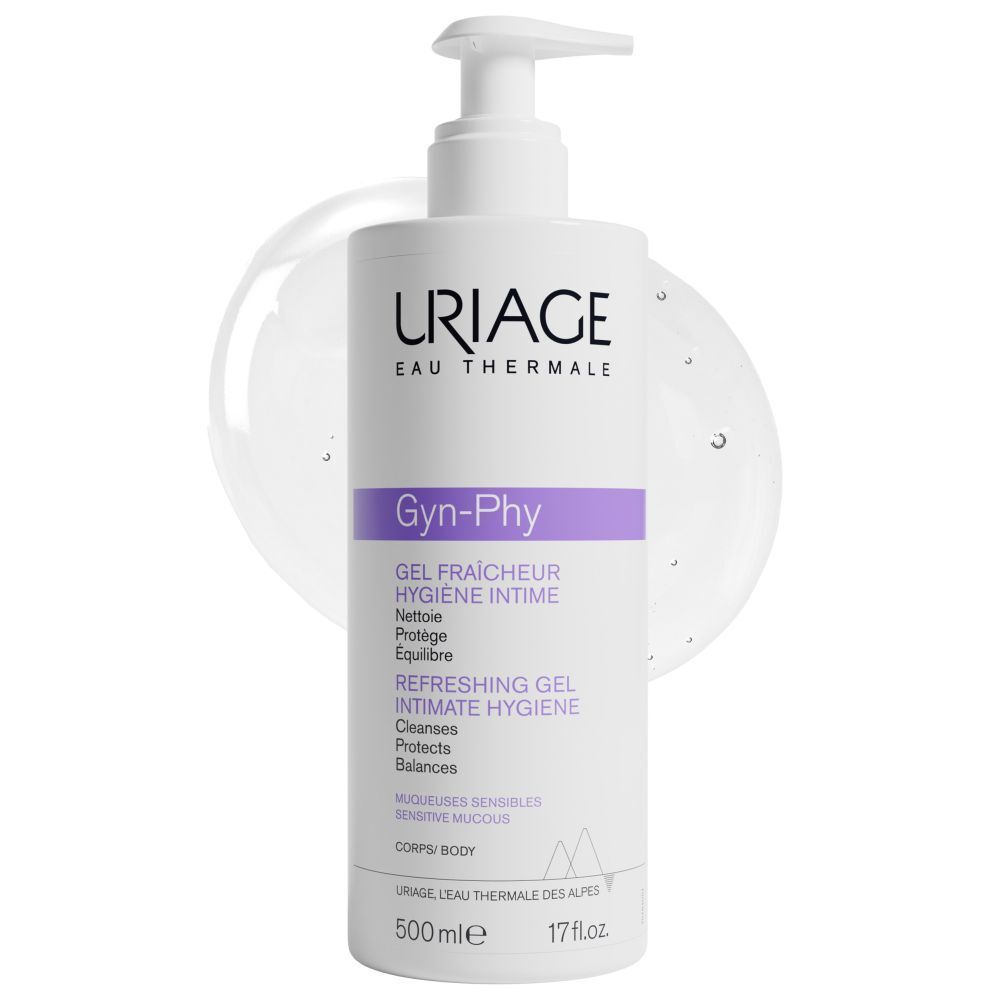 Flacon Uriage GYN-PHY avec pompe. Inscription: Gyn-Phy, gel fraîcheur hygiène intime. 500ml.