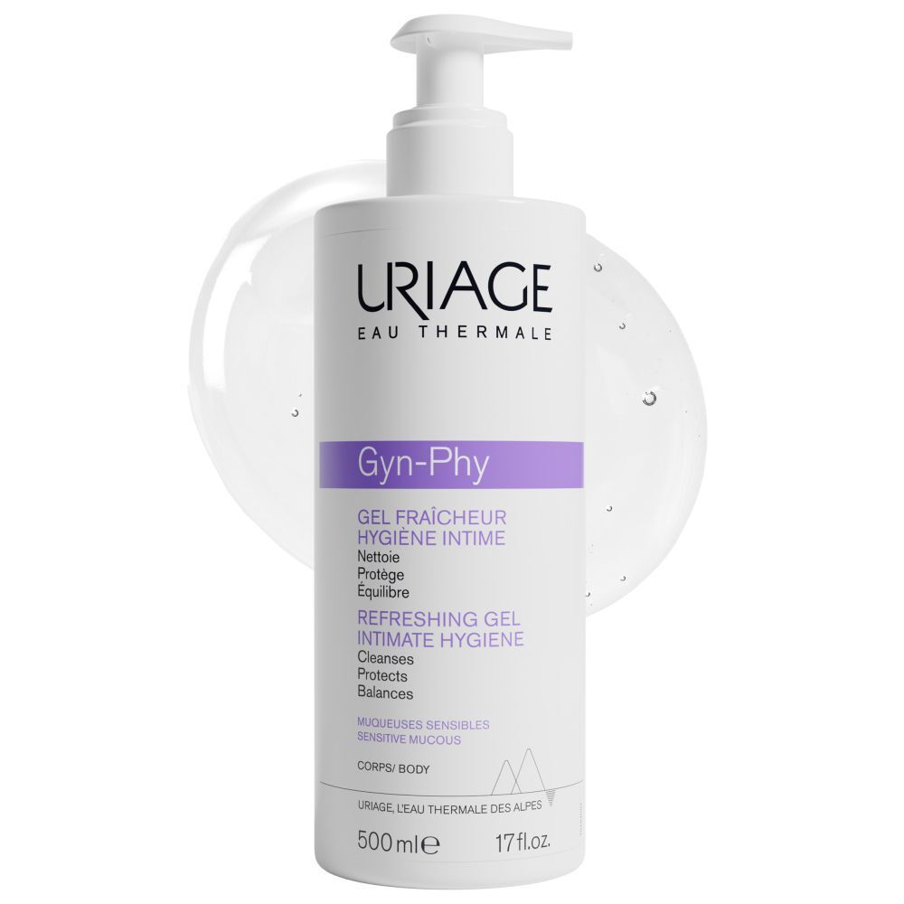 Uriage GYN-PHY fles met pomp. Opschrift: Gyn-Phy, gel fraîcheur hygiène intime. 500ml.