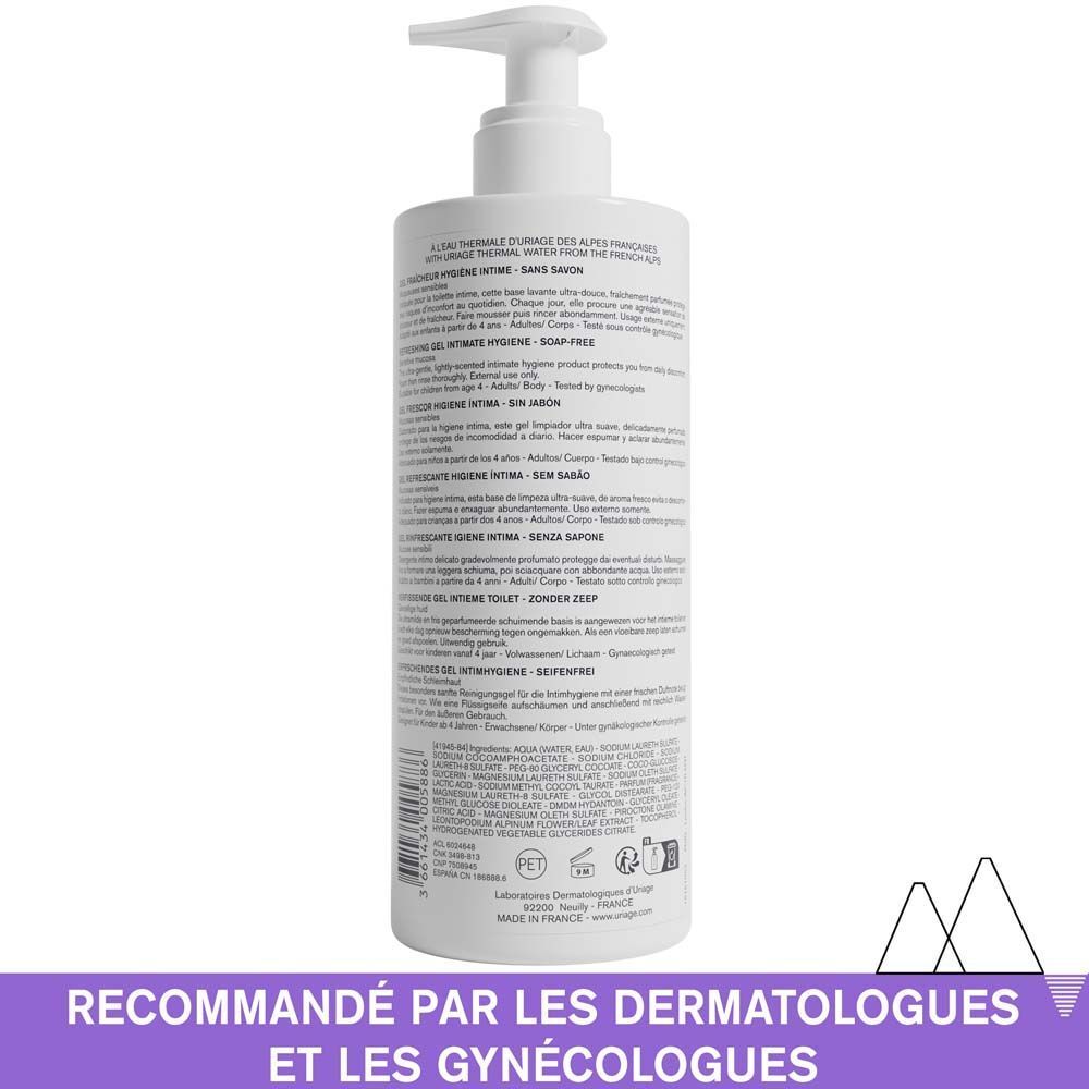 Dos du flacon Uriage GYN-PHY. Texte multilingue. Avec code-barres.