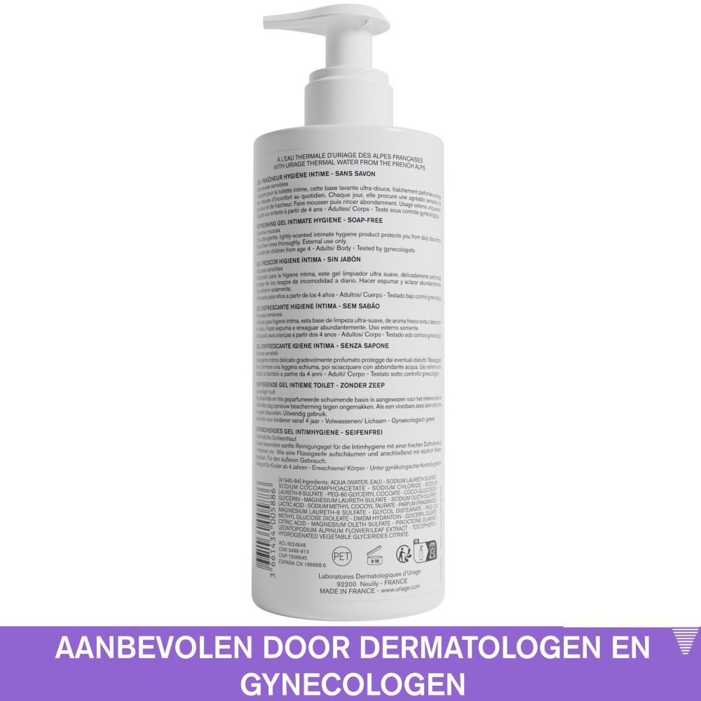 Achterkant van de Uriage GYN-PHY fles. Meertalige tekst. Met barcode.