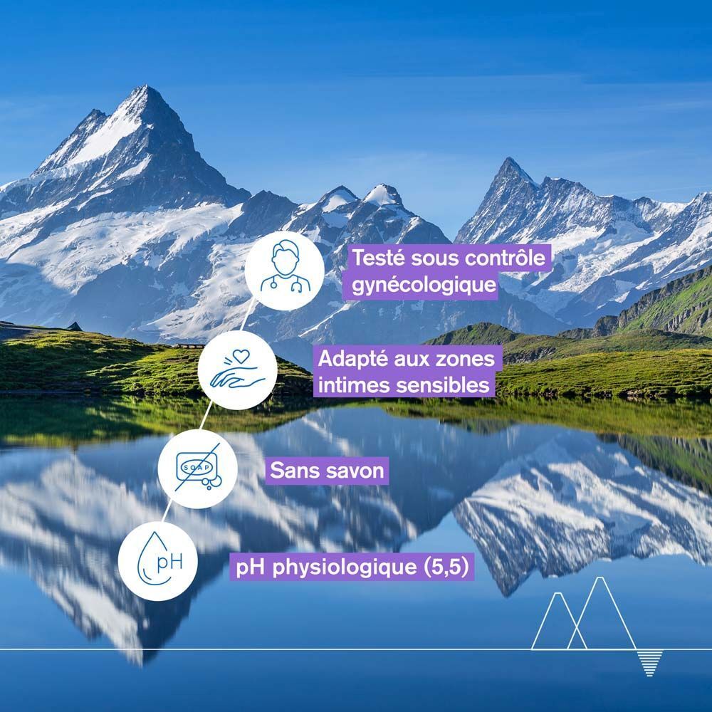 Paysage avec montagnes et texte. Testé sous contrôle gynécologique. Sans savon. pH physiologique.