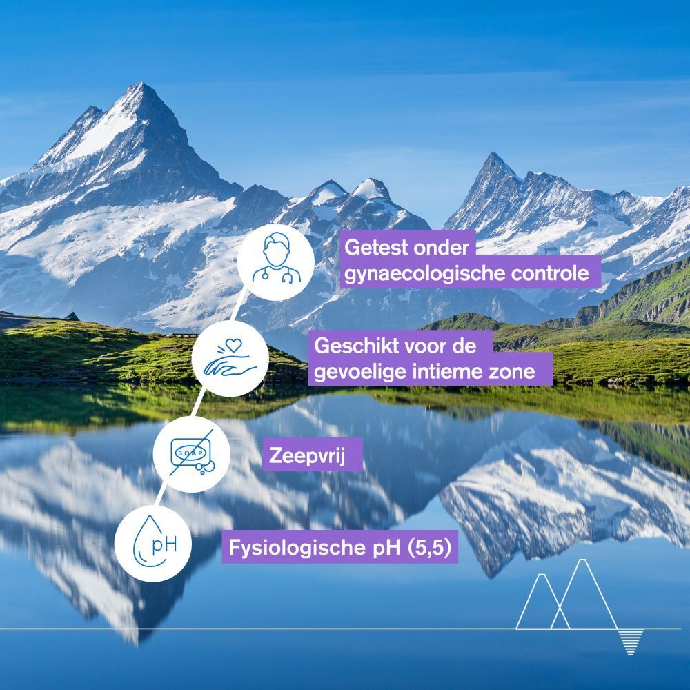 Landschap met bergen en tekst. Getest onder gynaecologische controle. Zonder zeep. Fysiologische pH.