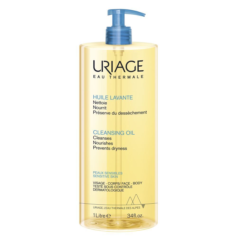 Flacon d'Huile Lavante Uriage. Huile transparente avec pompe bleue. Inscription: Uriage Eau Thermale, Huile Lavante.