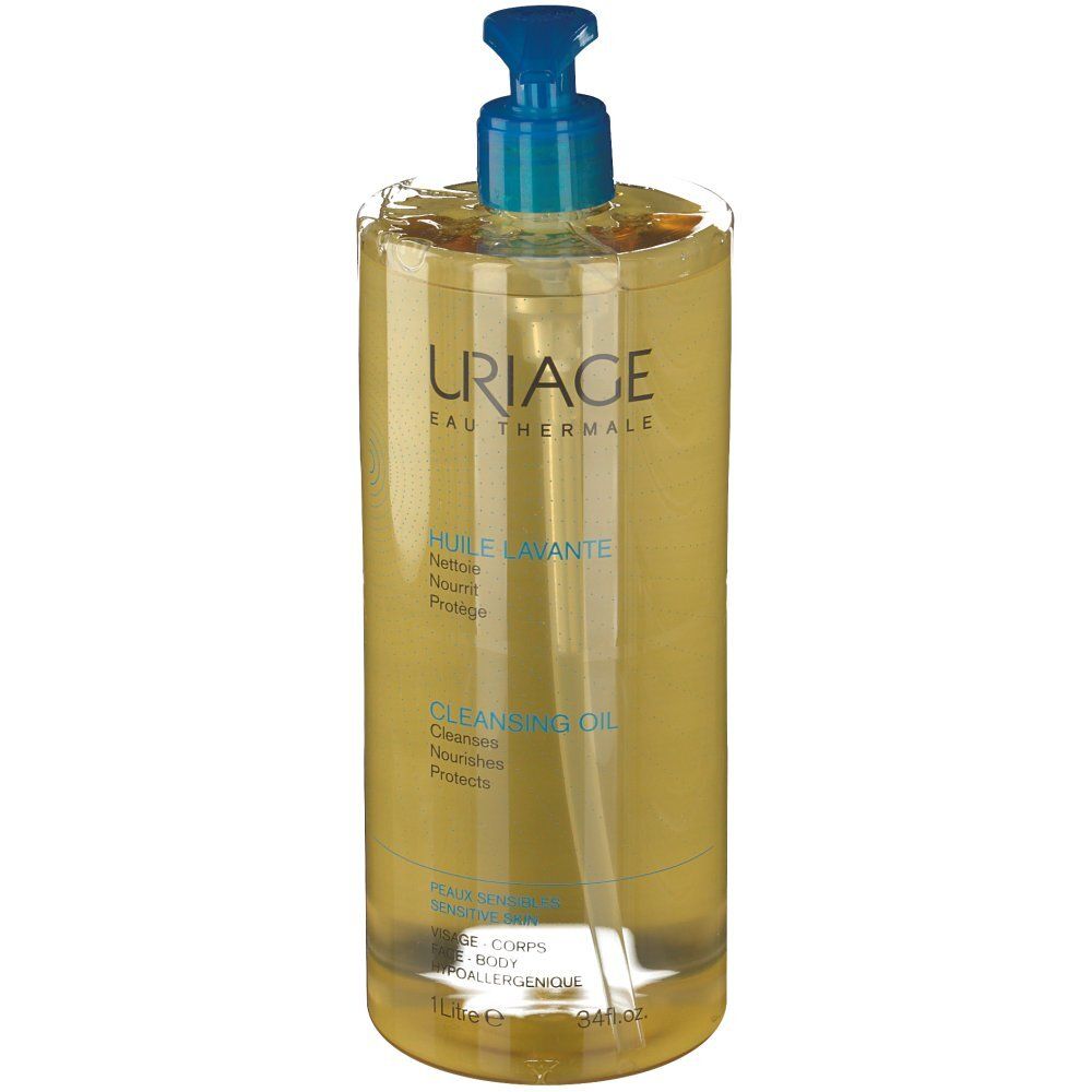 Flacon d'Huile Lavante Uriage. Huile transparente avec pompe bleue. Inscription: Uriage Eau Thermale, Huile Lavante.
