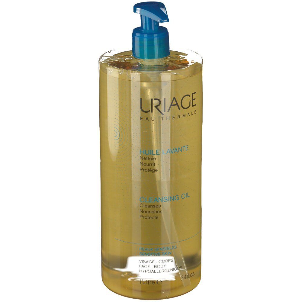 Flacon d'Huile Lavante Uriage. Huile transparente avec pompe bleue. Inscription: Uriage Eau Thermale, Huile Lavante.