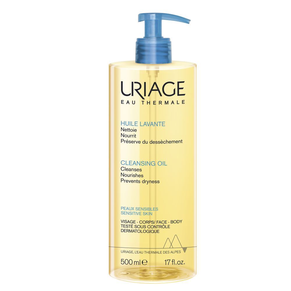 Uriage reinigingsolie fles met blauwe pomp. Opschrift: Uriage Eau Thermale, Cleansing Oil.