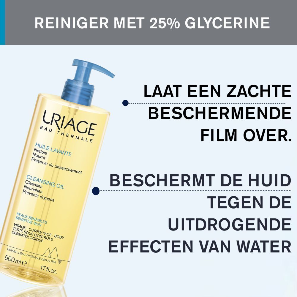 Uriage reinigingsolie fles met blauwe pomp. Opschrift: Uriage Eau Thermale, Cleansing Oil.