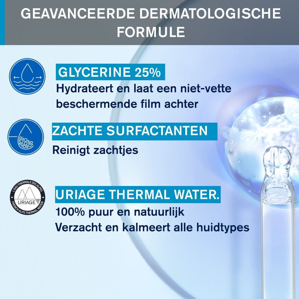 Uriage reinigingsolie fles met blauwe pomp. Opschrift: Uriage Eau Thermale, Cleansing Oil.
