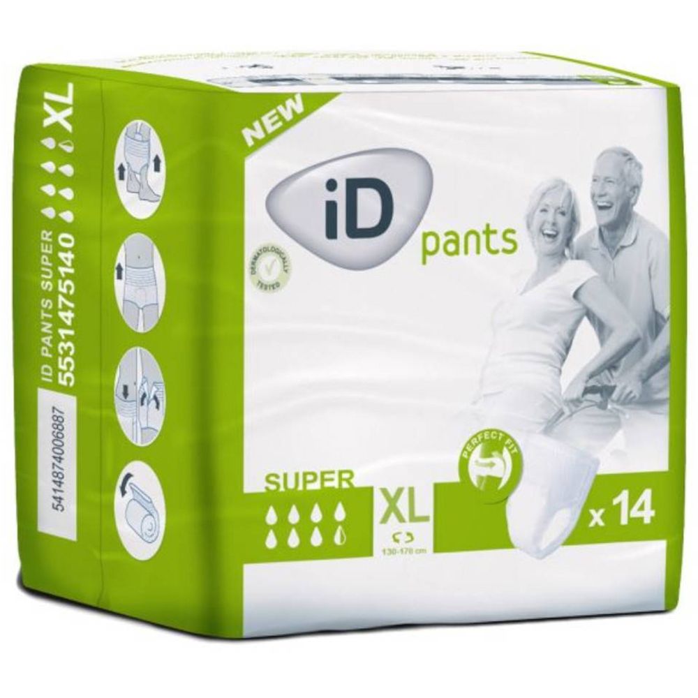 Paquet de iD Pants Super Gr. XL. Emballage vert et blanc avec image du produit et inscriptions. Contient 14 pièces.