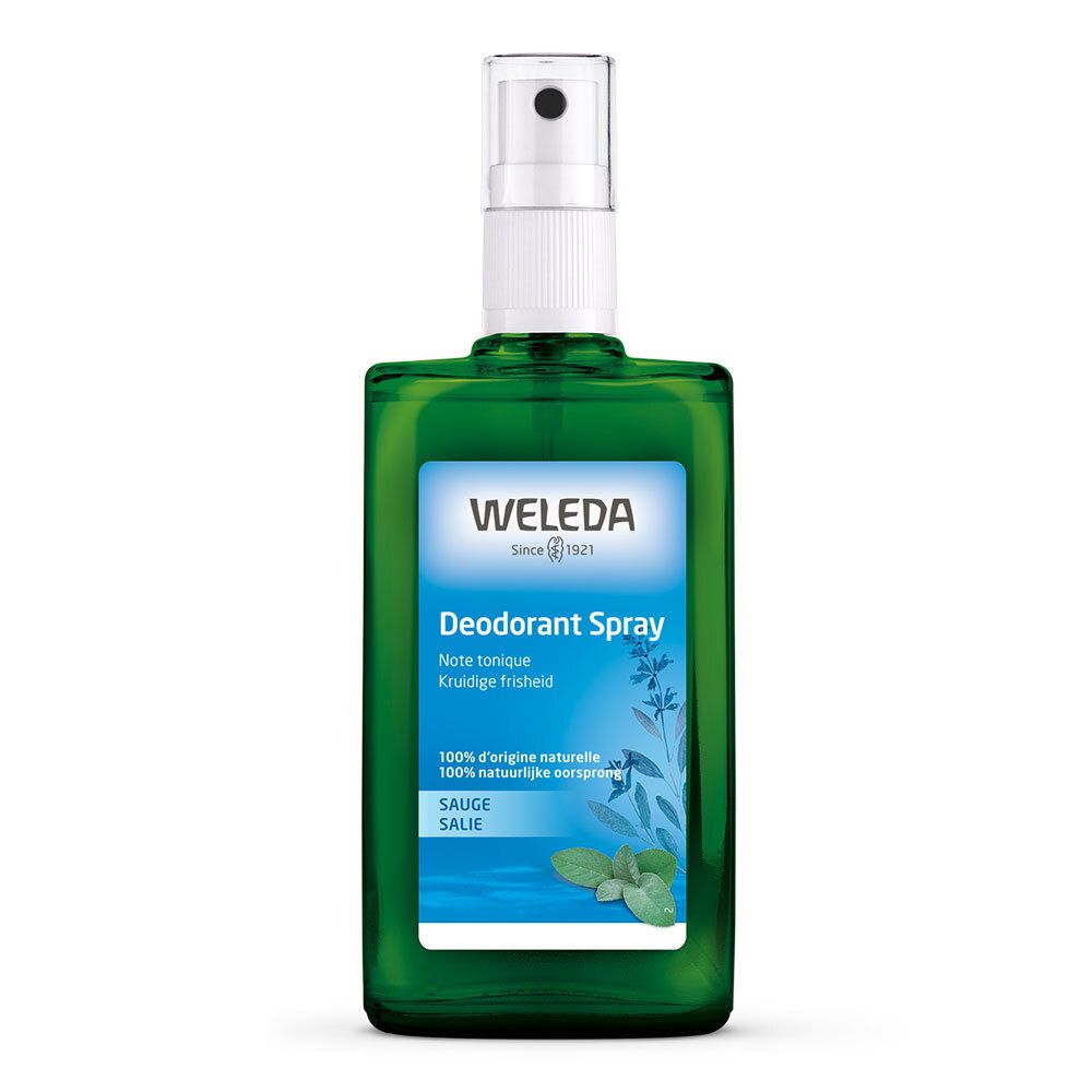 Flacon spray vert avec tête blanche. Inscription : Weleda Déodorant Spray, Sauge. Le flacon est debout.