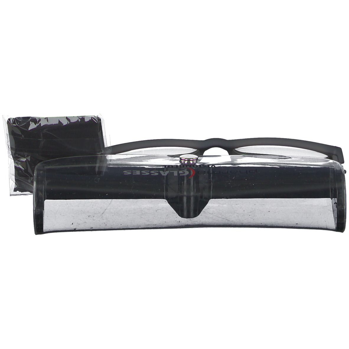 Brille in schwarzem Etui. Schwarzer Rahmen, blaue Gläser. Putztuch links. Etui mit Schriftzug.