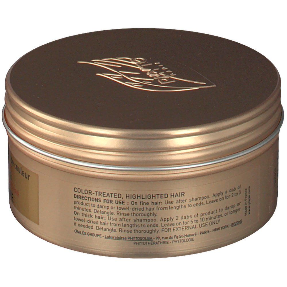 Pot doré avec couvercle. Inscription: PHYTOMILLESIME, pour cheveux colorés. Dos avec instructions d'utilisation. 7.05 oz.