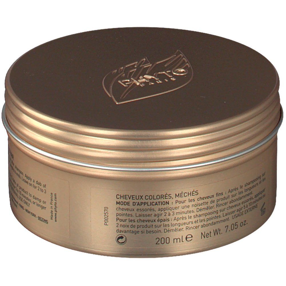 Pot doré avec couvercle. Inscription: PHYTOMILLESIME, pour cheveux colorés. 200 ml. 7.05 oz. Dos avec instructions d'utilisation.