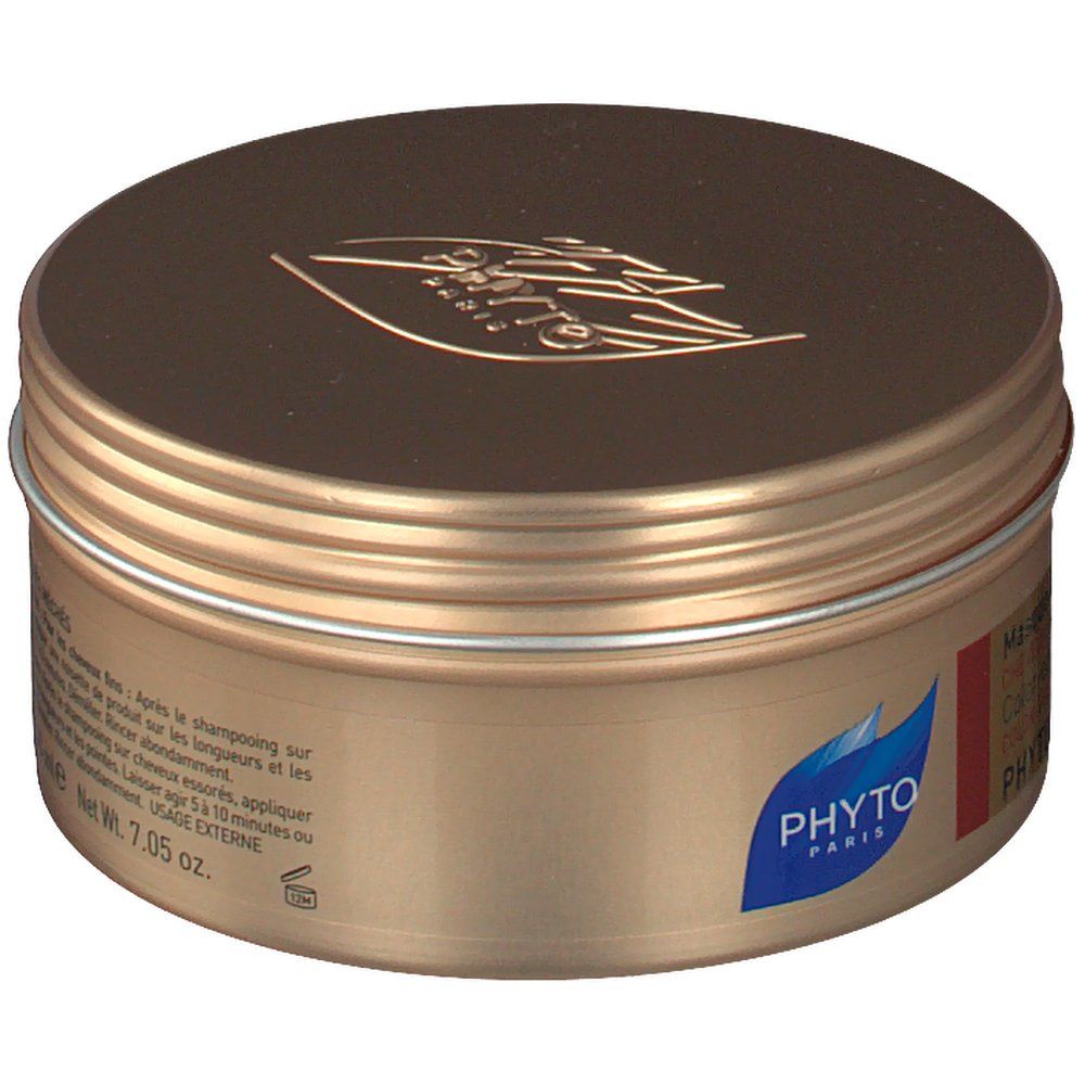 Pot doré avec couvercle. Inscription: PHYTOMILLESIME, pour cheveux colorés. 7.05 oz. Logo bleu: PHYTO PARIS.