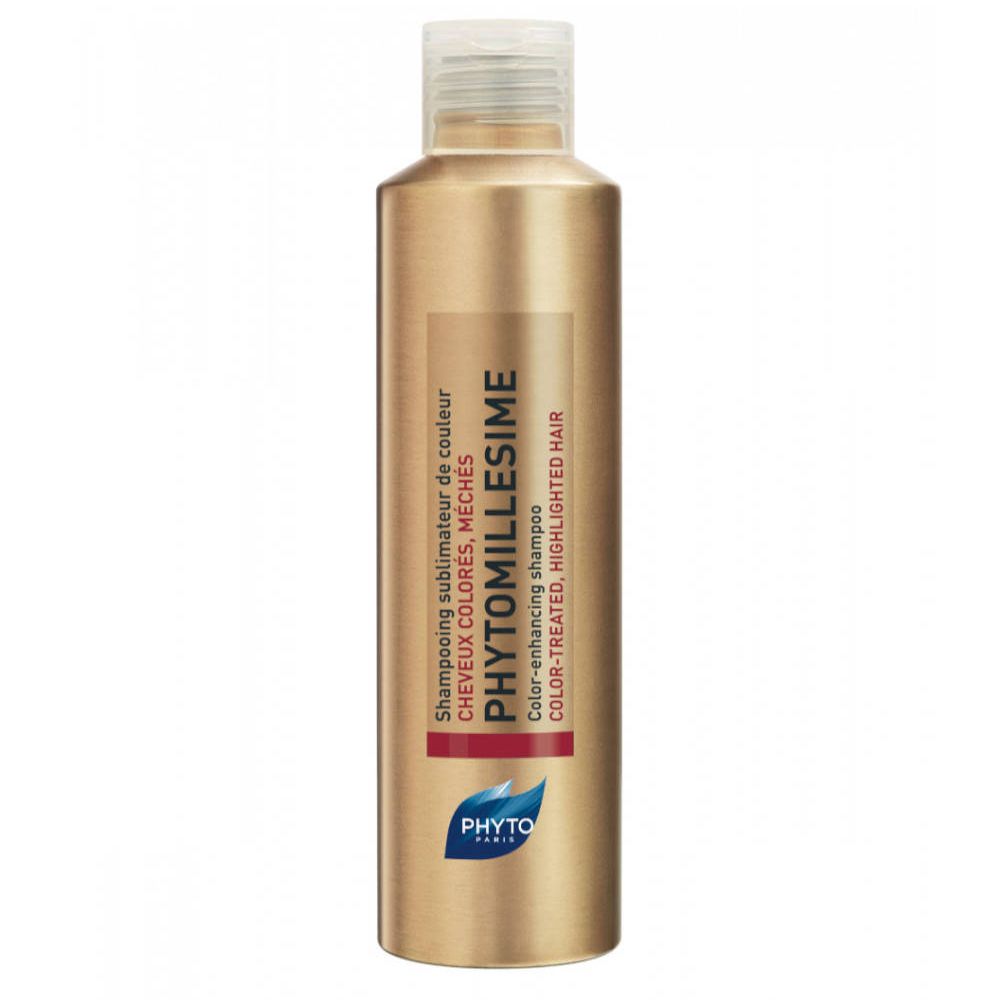 Flacon de shampooing doré avec bouchon blanc. Inscriptions: PHYTO, PHYTO-MILLESIME, Color-enhancing shampoo.