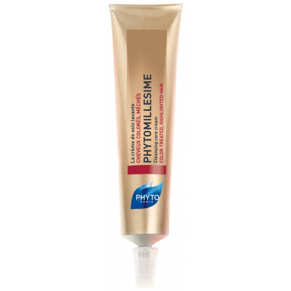 Tubo dorato con testo. Scritto: PHYTOMILLESIME, per capelli colorati. Marchio: PHYTO PARIS.