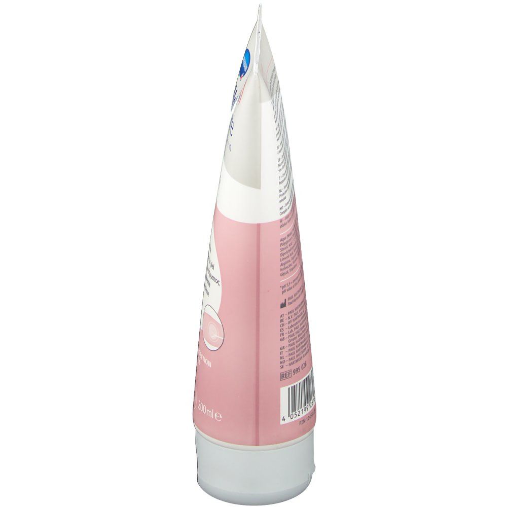 Seitenansicht der Tube MoliCare Skin. Weiß-rosa Farbverlauf. Aufschrift und Produktnamen.