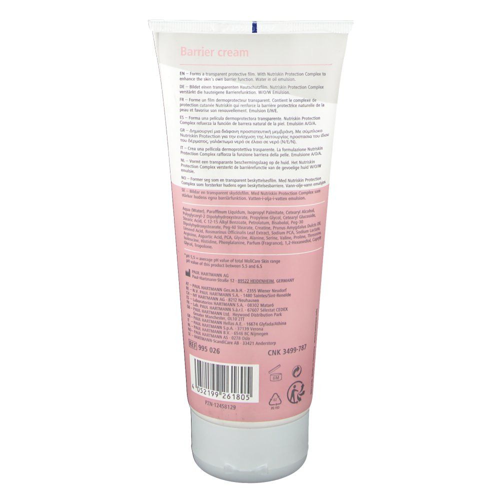 Rückseite der Tube MoliCare Skin. Text in mehreren Sprachen. Inhaltsstoffe und Herstellerinformationen.