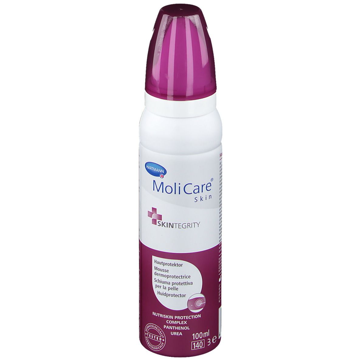 Flacon spray blanc et violet. Inscription: MoliCare Skin, Mousse protectrice cutanée. Logo Skin Integrity.