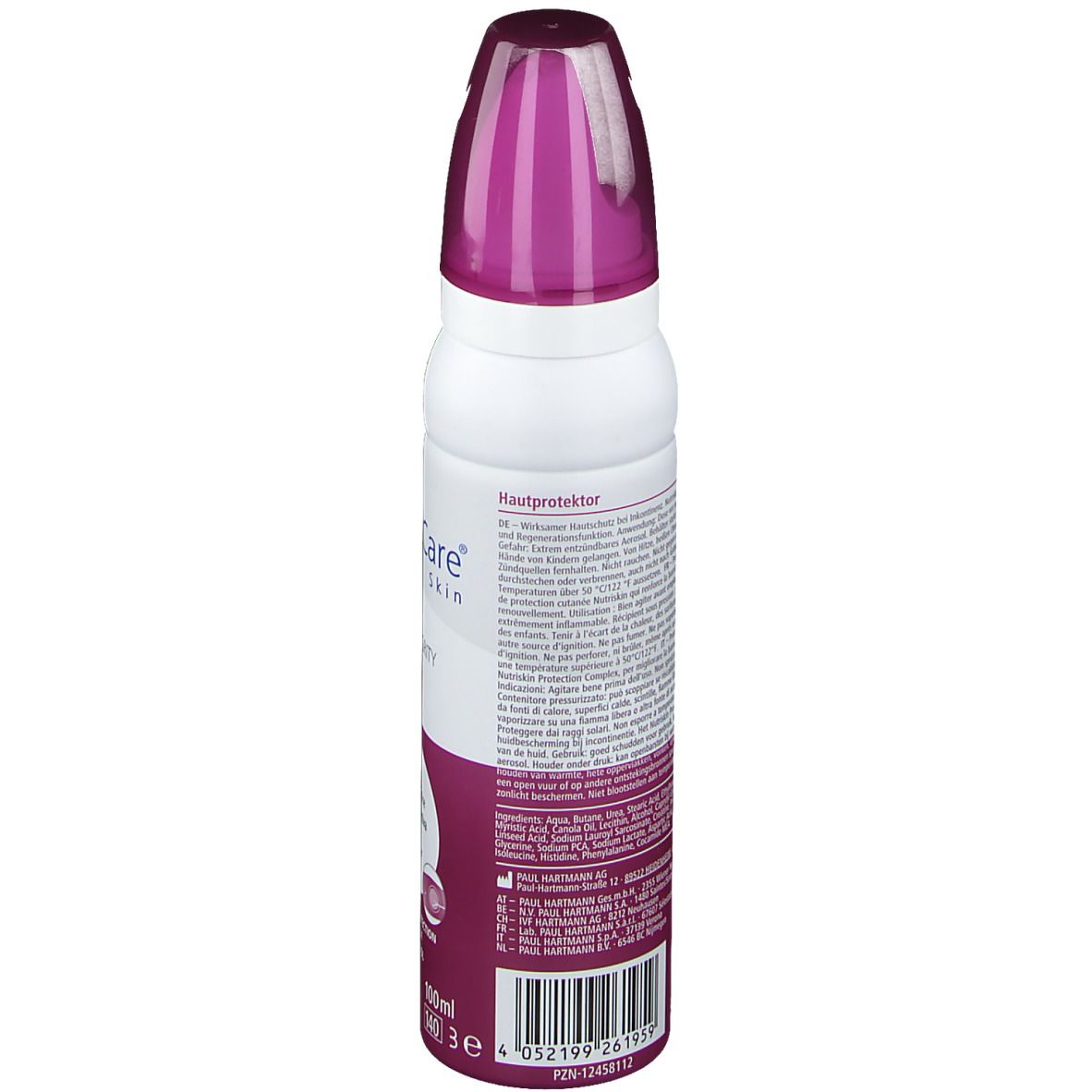 Dos du flacon spray blanc et violet. Texte en plusieurs langues. Contient des informations sur le produit.
