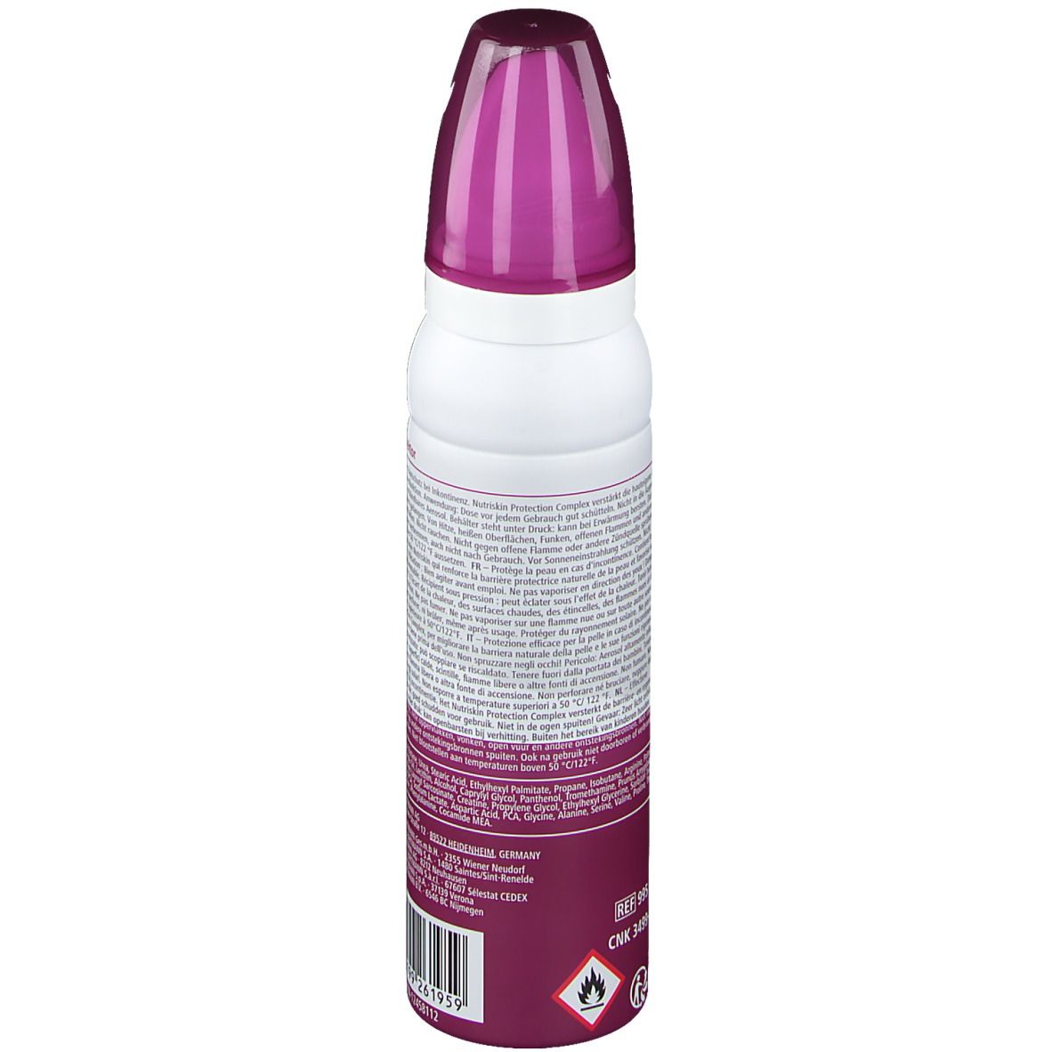 Dos du flacon spray blanc et violet. Texte en plusieurs langues. Contient des informations sur le produit.