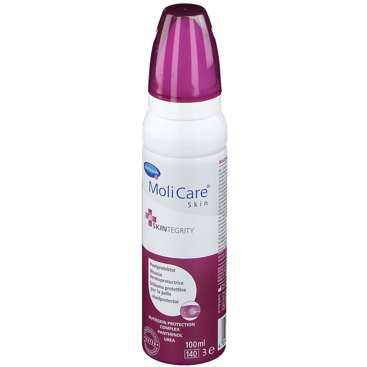 Flacon spray blanc et violet. Inscription: MoliCare Skin, Mousse protectrice cutanée. Logo Skin Integrity.