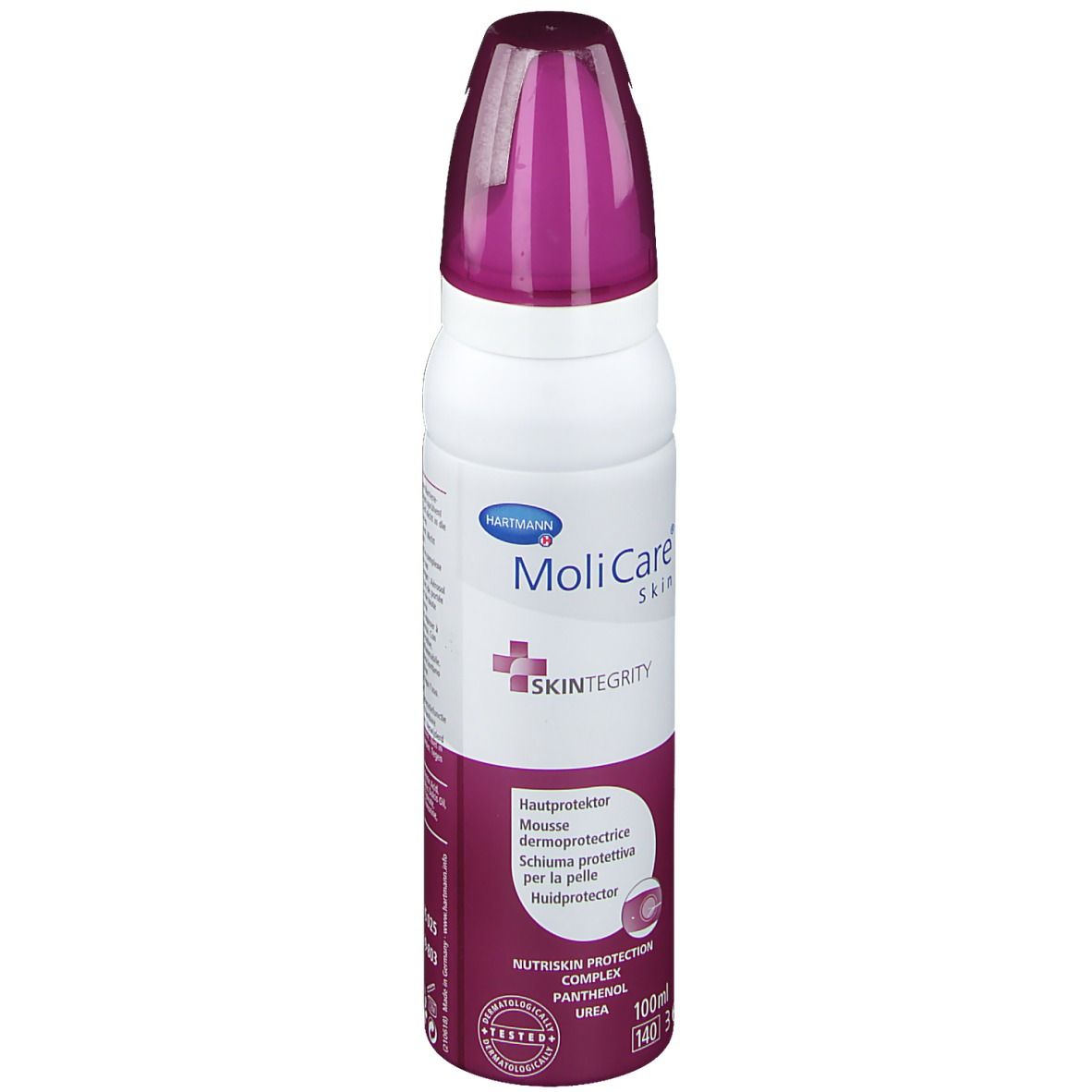 Flacon spray blanc et violet. Inscription: MoliCare Skin, Mousse protectrice cutanée. Logo Skin Integrity.