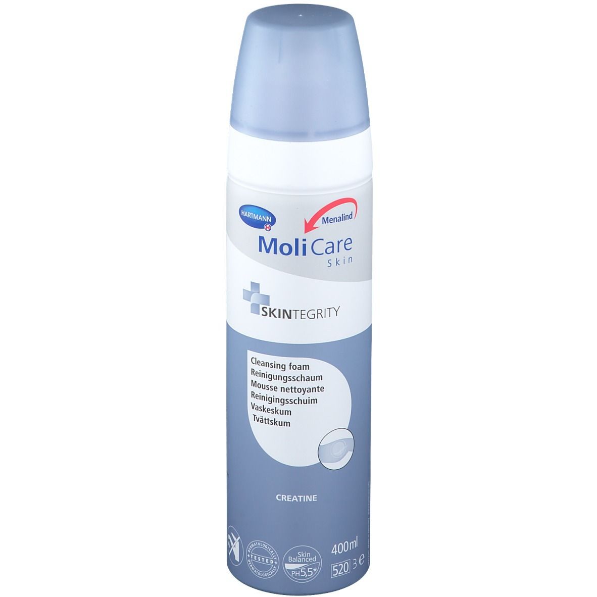 Flacon de MoliCare Skin Reinigungsschaum. Flacon spray blanc et bleu avec nom du produit et informations. 400ml.