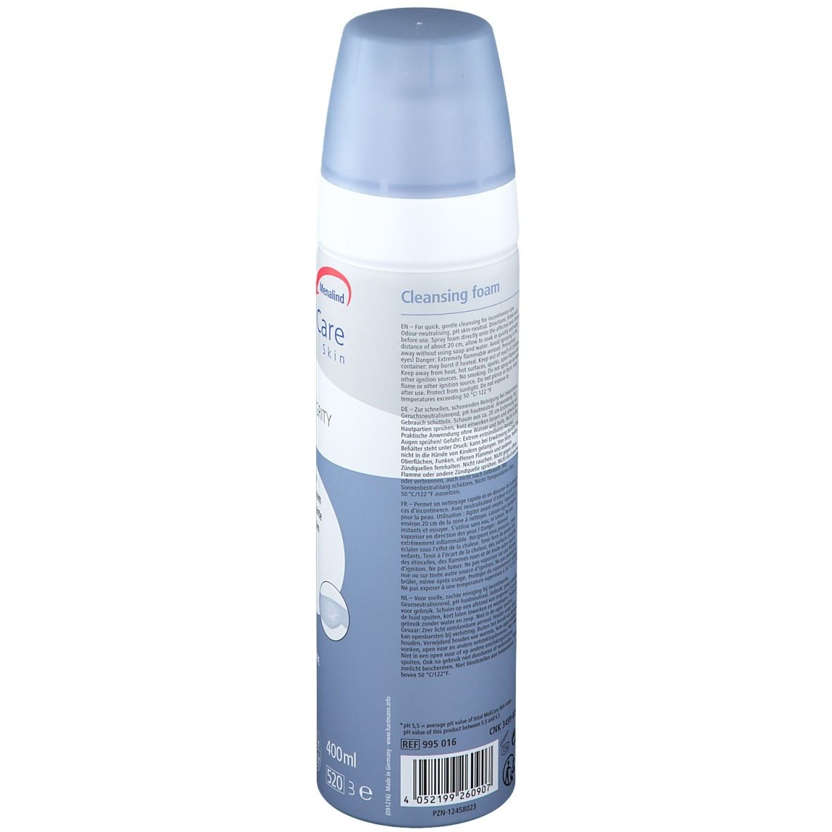 Dos du flacon de MoliCare Skin Reinigungsschaum. Informations textuelles sur fond blanc. Flacon bleu avec bouchon bleu.