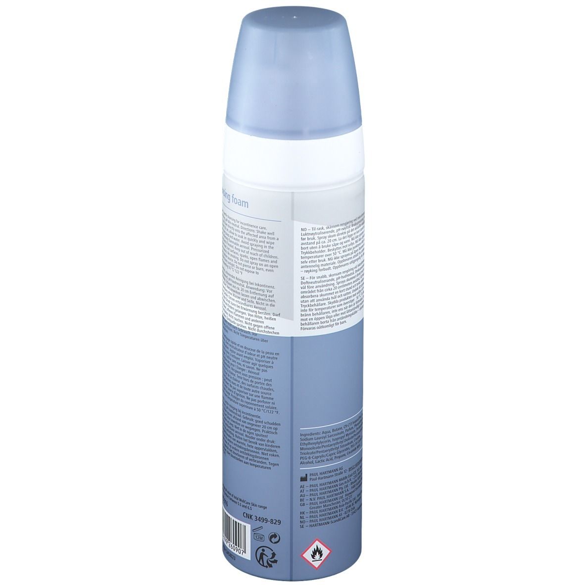 Dos du flacon de MoliCare Skin Reinigungsschaum. Informations textuelles sur fond blanc. Flacon bleu avec bouchon bleu.