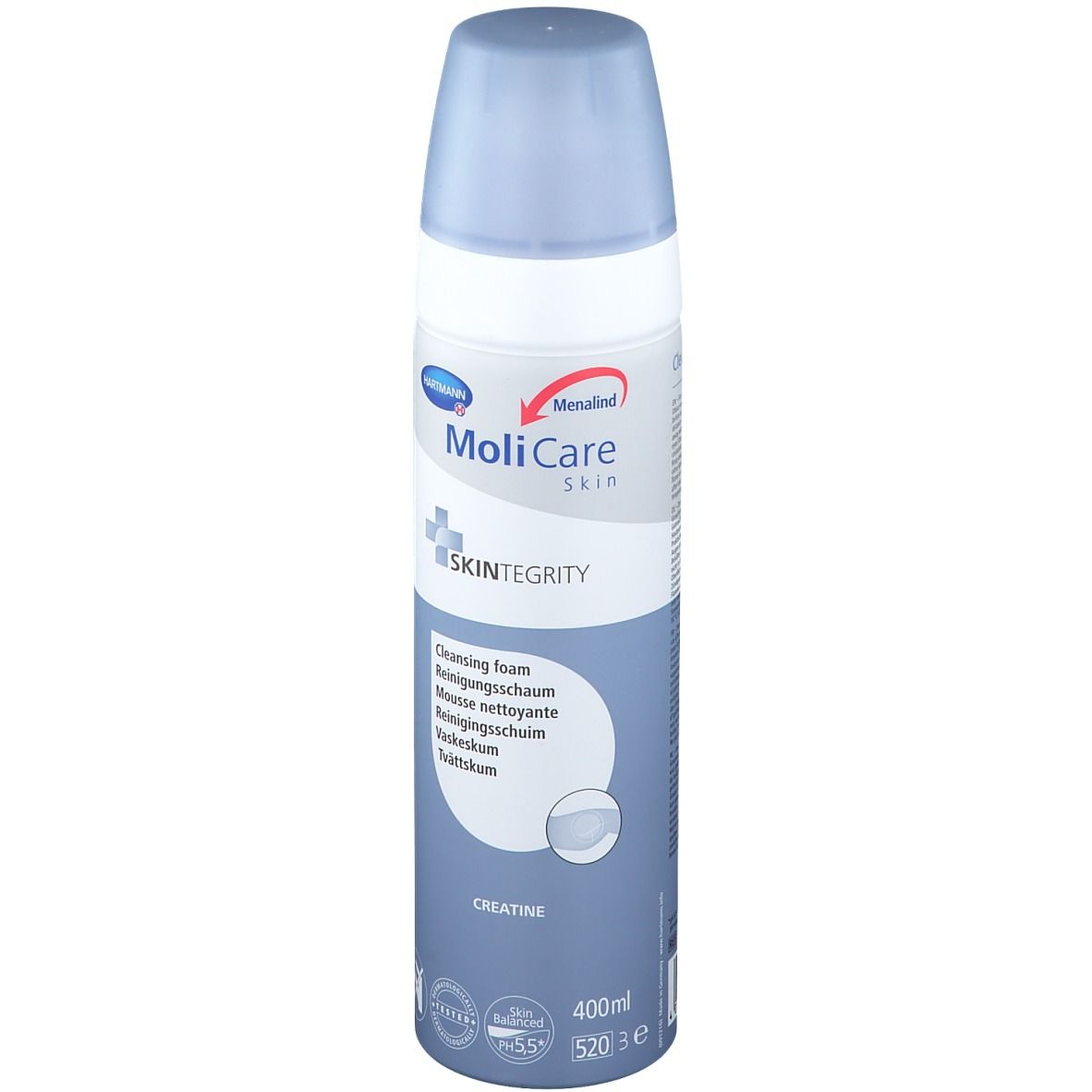 Flacon de MoliCare Skin Reinigungsschaum. Flacon spray blanc et bleu avec nom du produit et informations. 400ml.