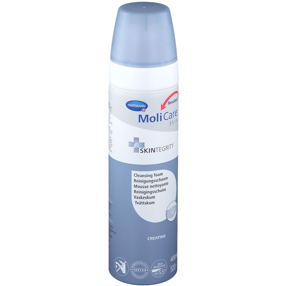 Flacon de MoliCare Skin Reinigungsschaum. Flacon spray blanc et bleu avec nom du produit et informations. 400ml.