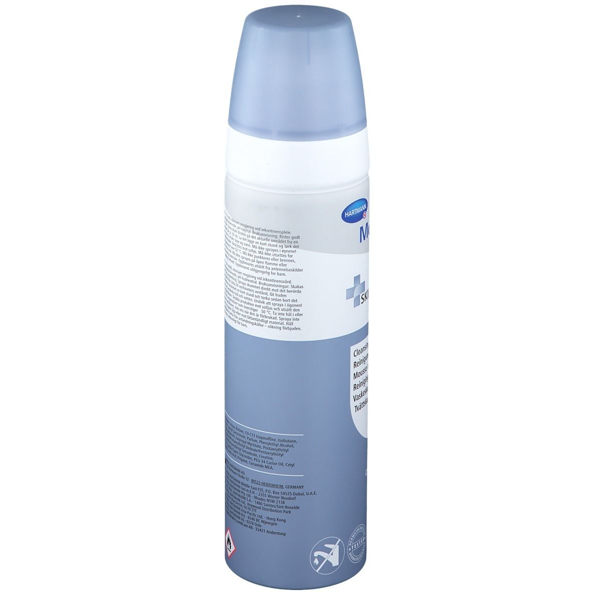 Dos du flacon de MoliCare Skin Reinigungsschaum. Informations textuelles sur fond blanc. Flacon bleu avec bouchon bleu.