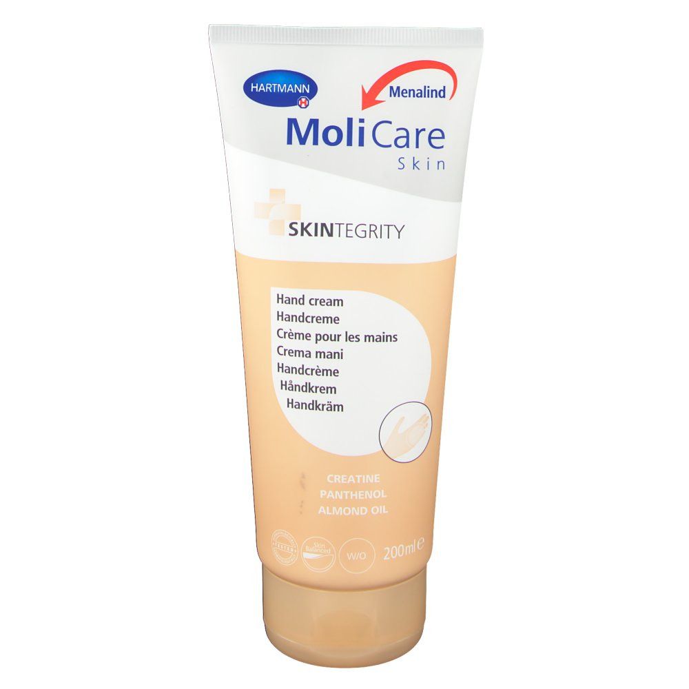 Tube de crème MoliCare Skin. Dégradé blanc et beige. Inscription : MoliCare Skin, crème pour les mains. Avec panthénol et huile d'amande.