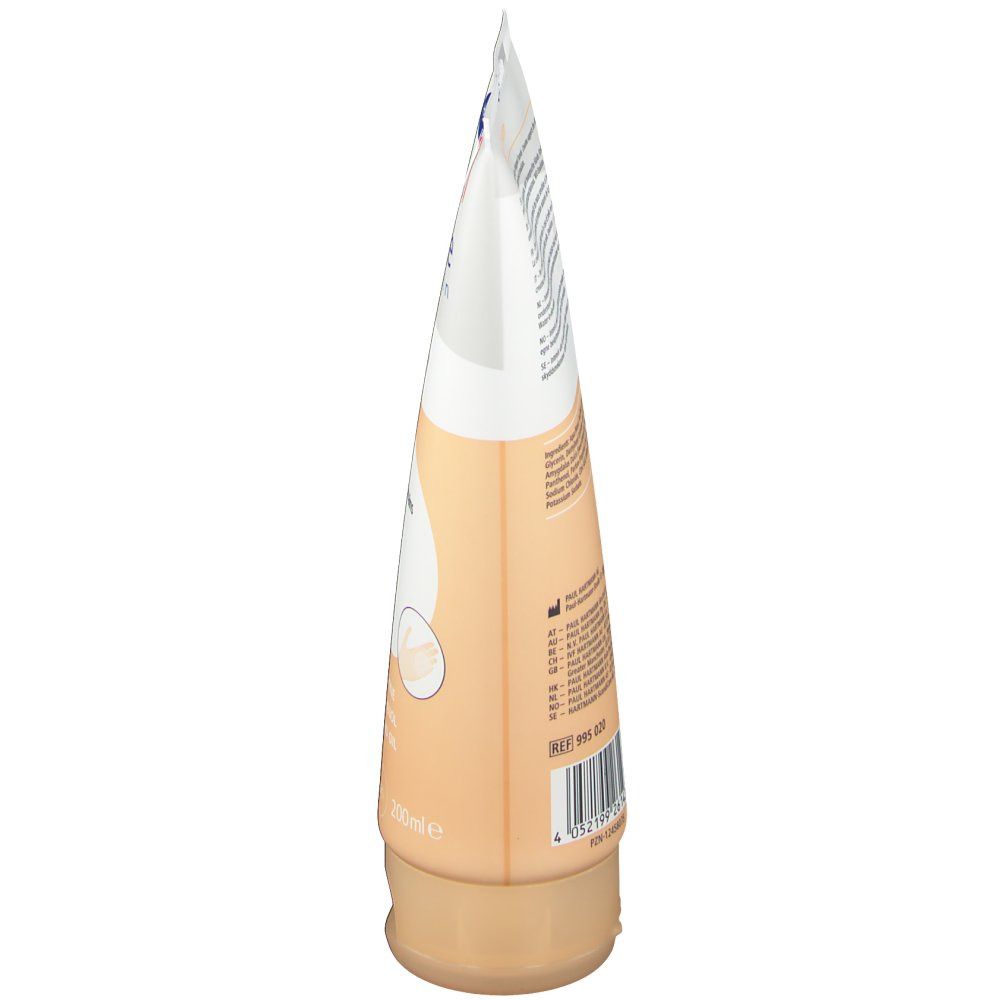 Vue latérale du tube de crème pour les mains MoliCare Skin. Dégradé blanc et beige. Inscriptions et informations sur le produit.